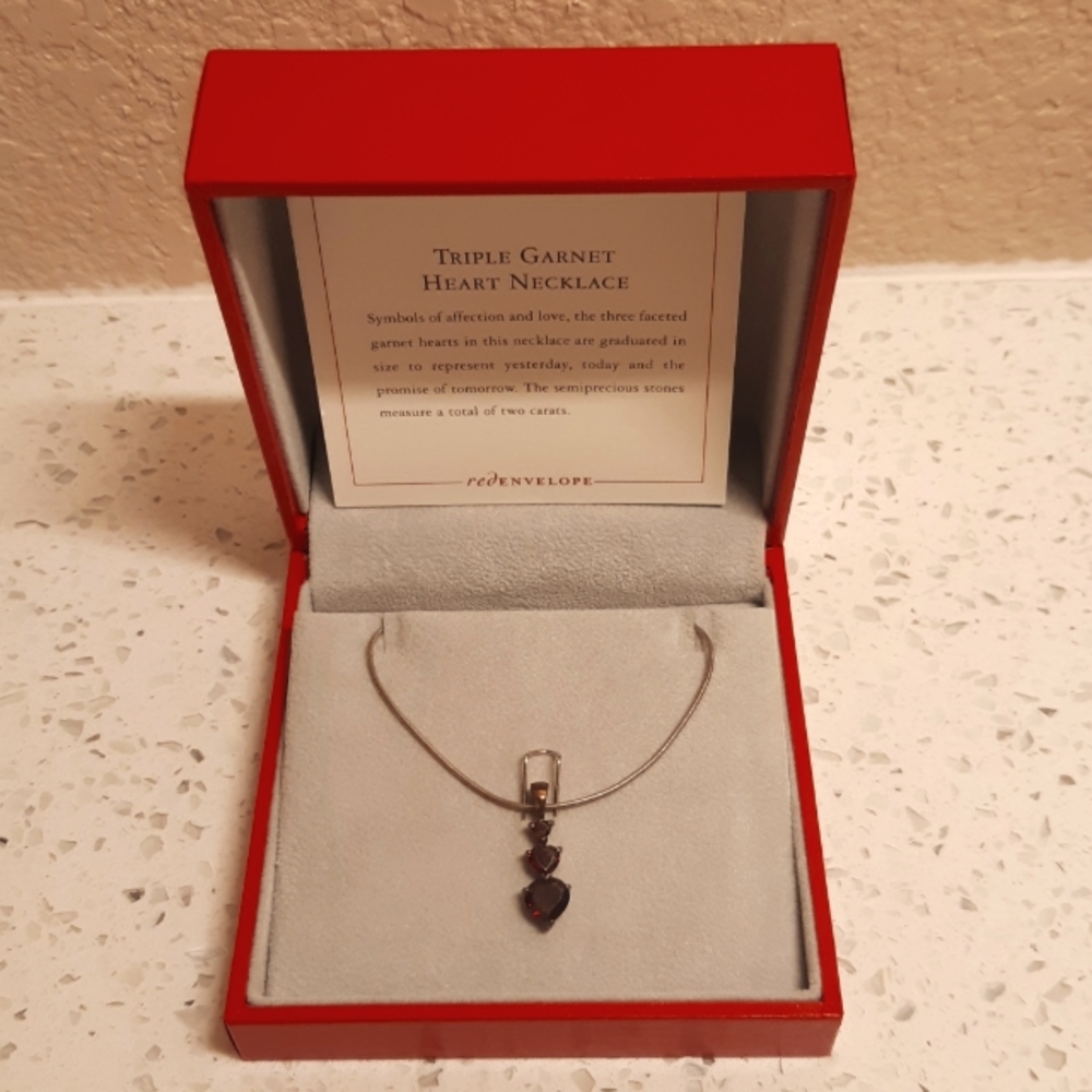 Red Envelope Triple Garnet Heart Necklace, NEW - Picture 2 of 5